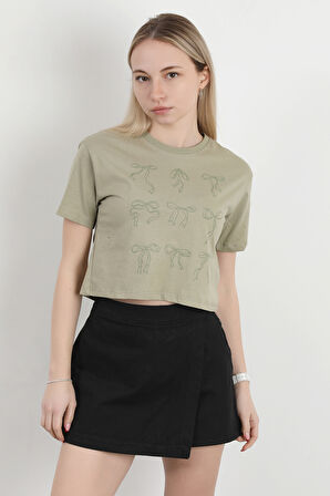 Kadın Bisiklet Yaka Fiyonk Baskılı T-Shirt Haki - 925027