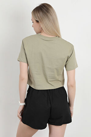 Kadın Bisiklet Yaka Fiyonk Baskılı T-Shirt Haki - 925027
