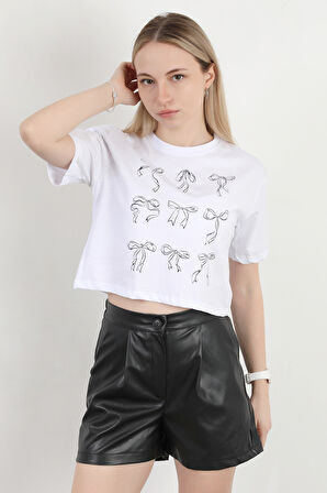 Kadın Bisiklet Yaka Fiyonk Baskılı T-Shirt Beyaz - 925027