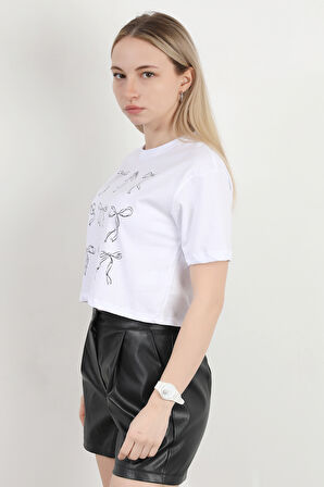 Kadın Bisiklet Yaka Fiyonk Baskılı T-Shirt Beyaz - 925027