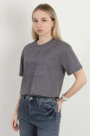 Kadın Bisiklet Yaka Fiyonk Baskılı T-Shirt Antrasit - 925027