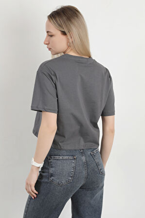 Kadın Bisiklet Yaka Fiyonk Baskılı T-Shirt Antrasit - 925027