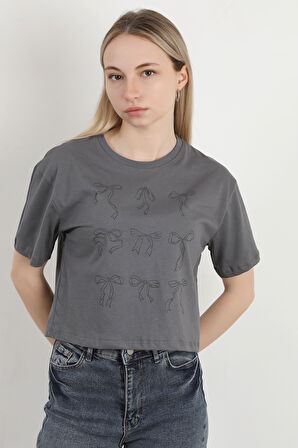 Kadın Bisiklet Yaka Fiyonk Baskılı T-Shirt Antrasit - 925027