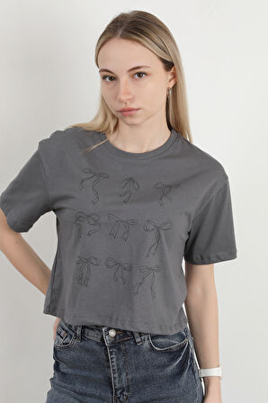 Kadın Bisiklet Yaka Fiyonk Baskılı T-Shirt Antrasit - 925027