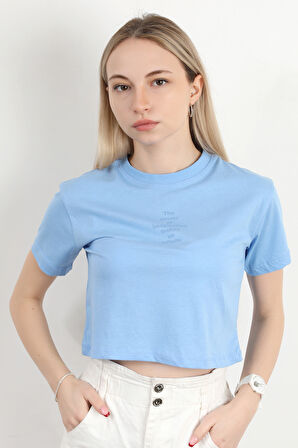 Kadın Bisiklet Yaka The Power Of Baskılı T-Shirt Mavi - 925026