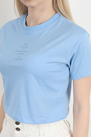 Kadın Bisiklet Yaka The Power Of Baskılı T-Shirt Mavi - 925026
