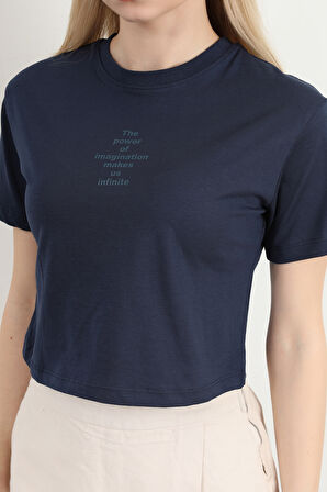 Kadın Bisiklet Yaka The Power Of Baskılı T-Shirt Lacivert - 925026