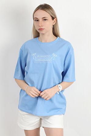 Kadın Bisiklet Yaka Romantic Nakışlı T-Shirt Mavi - 925017