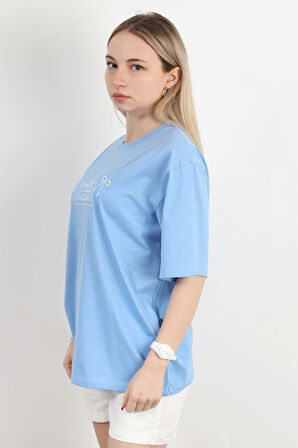 Kadın Bisiklet Yaka Romantic Nakışlı T-Shirt Mavi - 925017