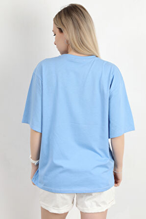Kadın Bisiklet Yaka Romantic Nakışlı T-Shirt Mavi - 925017