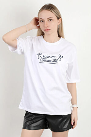 Kadın Bisiklet Yaka Romantic Nakışlı T-Shirt Beyaz - 925017