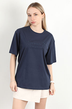 Kadın Bisiklet Yaka Romantic Nakışlı T-Shirt Lacivert - 925017
