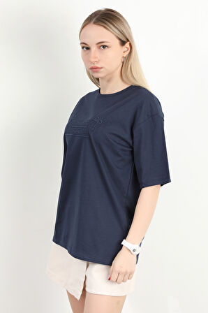 Kadın Bisiklet Yaka Romantic Nakışlı T-Shirt Lacivert - 925017