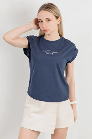Kadın Bisiklet Yaka Baskılı Kol Katlamalı T-Shirt Lacivert - 925008
