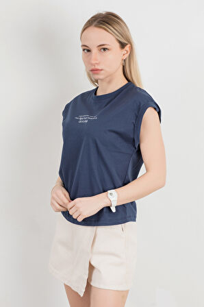 Kadın Bisiklet Yaka Baskılı Kol Katlamalı T-Shirt Lacivert - 925008