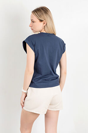 Kadın Bisiklet Yaka Baskılı Kol Katlamalı T-Shirt Lacivert - 925008