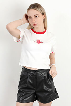 Kadın Bisiklet Yaka Kuş Nakışlı T-Shirt Beyaz - 925053