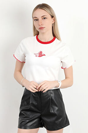 Kadın Bisiklet Yaka Kuş Nakışlı T-Shirt Beyaz - 925053