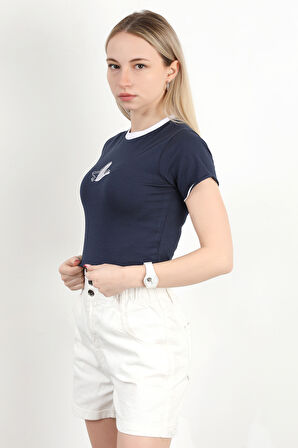 Kadın Bisiklet Yaka Kuş Nakışlı T-Shirt Lacivert - 925053