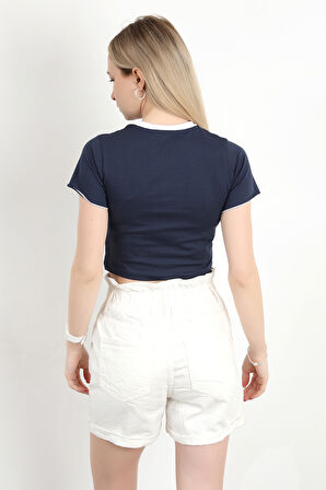 Kadın Bisiklet Yaka Kuş Nakışlı T-Shirt Lacivert - 925053