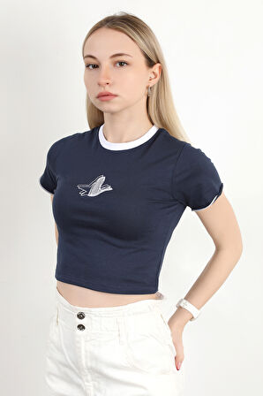 Kadın Bisiklet Yaka Kuş Nakışlı T-Shirt Lacivert - 925053