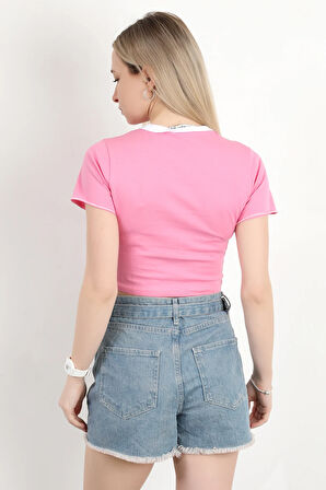 Kadın Bisiklet Yaka Kuş Nakışlı T-Shirt Pembe - 925053