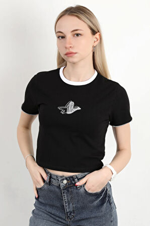 Kadın Bisiklet Yaka Kuş Nakışlı T-Shirt Siyah - 925053