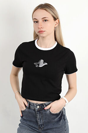 Kadın Bisiklet Yaka Kuş Nakışlı T-Shirt Siyah - 925053