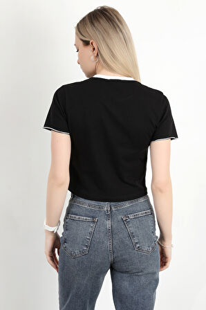 Kadın Bisiklet Yaka Kuş Nakışlı T-Shirt Siyah - 925053
