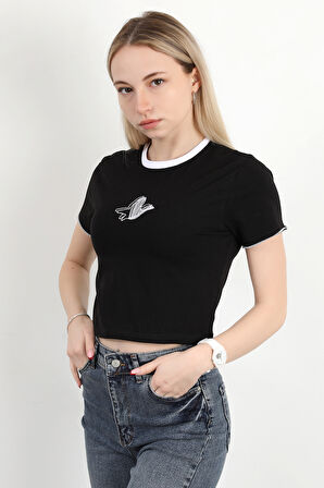 Kadın Bisiklet Yaka Kuş Nakışlı T-Shirt Siyah - 925053