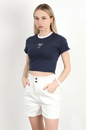 Kadın Bisiklet Yaka Fiyonk Nakışlı T-Shirt Lacivert - 925052