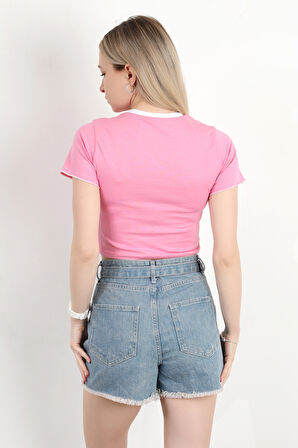 Kadın Bisiklet Yaka Fiyonk Nakışlı T-Shirt Pembe - 925052