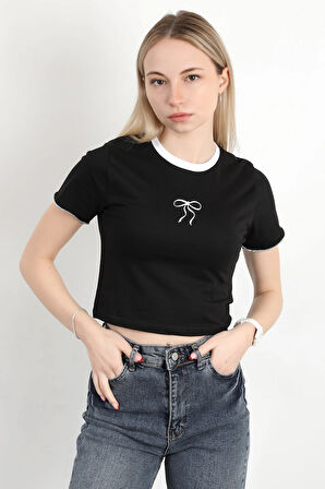 Kadın Bisiklet Yaka Fiyonk Nakışlı T-Shirt Siyah - 925052