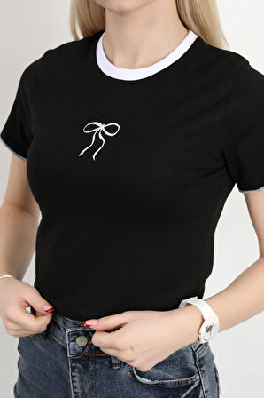 Kadın Bisiklet Yaka Fiyonk Nakışlı T-Shirt Siyah - 925052