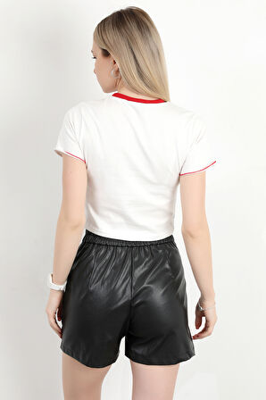 Kadın Bisiklet Yaka Fiyonk Nakışlı T-Shirt Beyaz - 925052