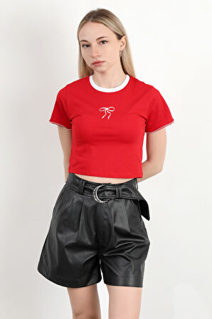 Kadın Bisiklet Yaka Fiyonk Nakışlı T-Shirt Kırmızı - 925052