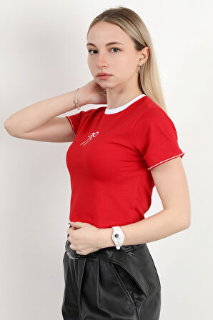 Kadın Bisiklet Yaka Fiyonk Nakışlı T-Shirt Kırmızı - 925052