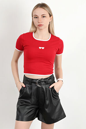 Kadın U Yaka Kalp Nakışlı T-Shirt Kırmızı - 925055