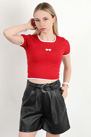 Kadın U Yaka Kalp Nakışlı T-Shirt Kırmızı - 925055