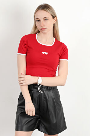 Kadın U Yaka Kalp Nakışlı T-Shirt Kırmızı - 925055