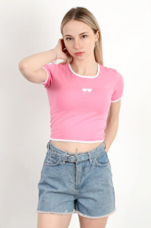 Kadın U Yaka Kalp Nakışlı T-Shirt Pembe - 925055