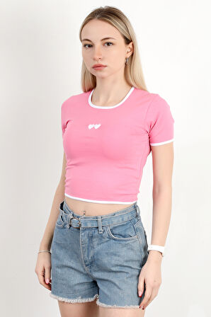 Kadın U Yaka Kalp Nakışlı T-Shirt Pembe - 925055