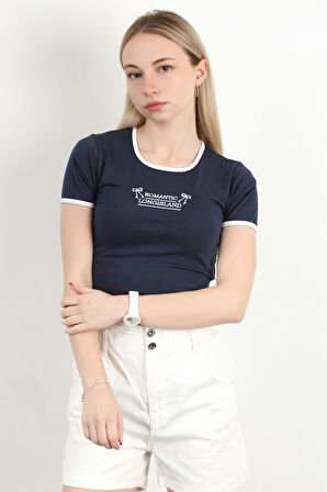 Kadın U Yaka Romantic Nakışlı T-Shirt Lacivert - 925054