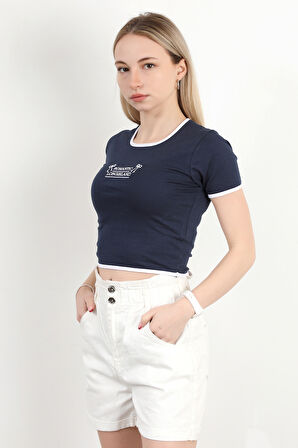 Kadın U Yaka Romantic Nakışlı T-Shirt Lacivert - 925054