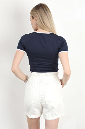 Kadın U Yaka Romantic Nakışlı T-Shirt Lacivert - 925054