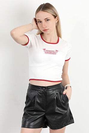 Kadın U Yaka Romantic Nakışlı T-Shirt Beyaz - 925054