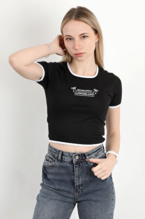 Kadın U Yaka Romantic Nakışlı T-Shirt Siyah - 925054