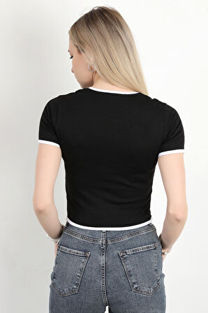 Kadın U Yaka Romantic Nakışlı T-Shirt Siyah - 925054
