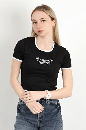 Kadın U Yaka Romantic Nakışlı T-Shirt Siyah - 925054