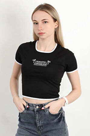 Kadın U Yaka Romantic Nakışlı T-Shirt Siyah - 925054